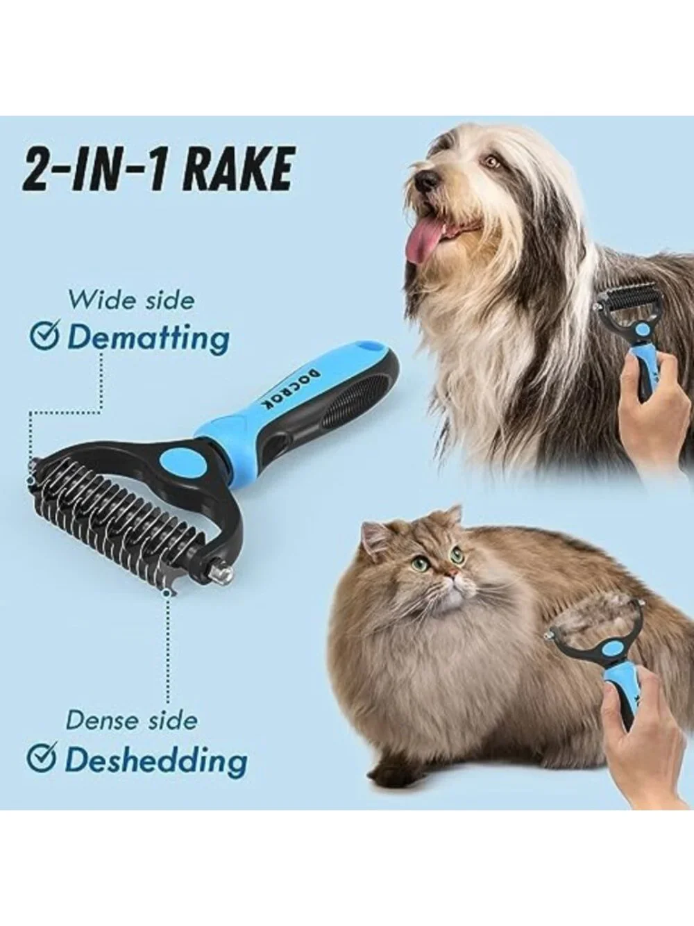 Pet Grooming Combo Set - Blue Deshedding Brush & Metal Comb for Long Fur Care